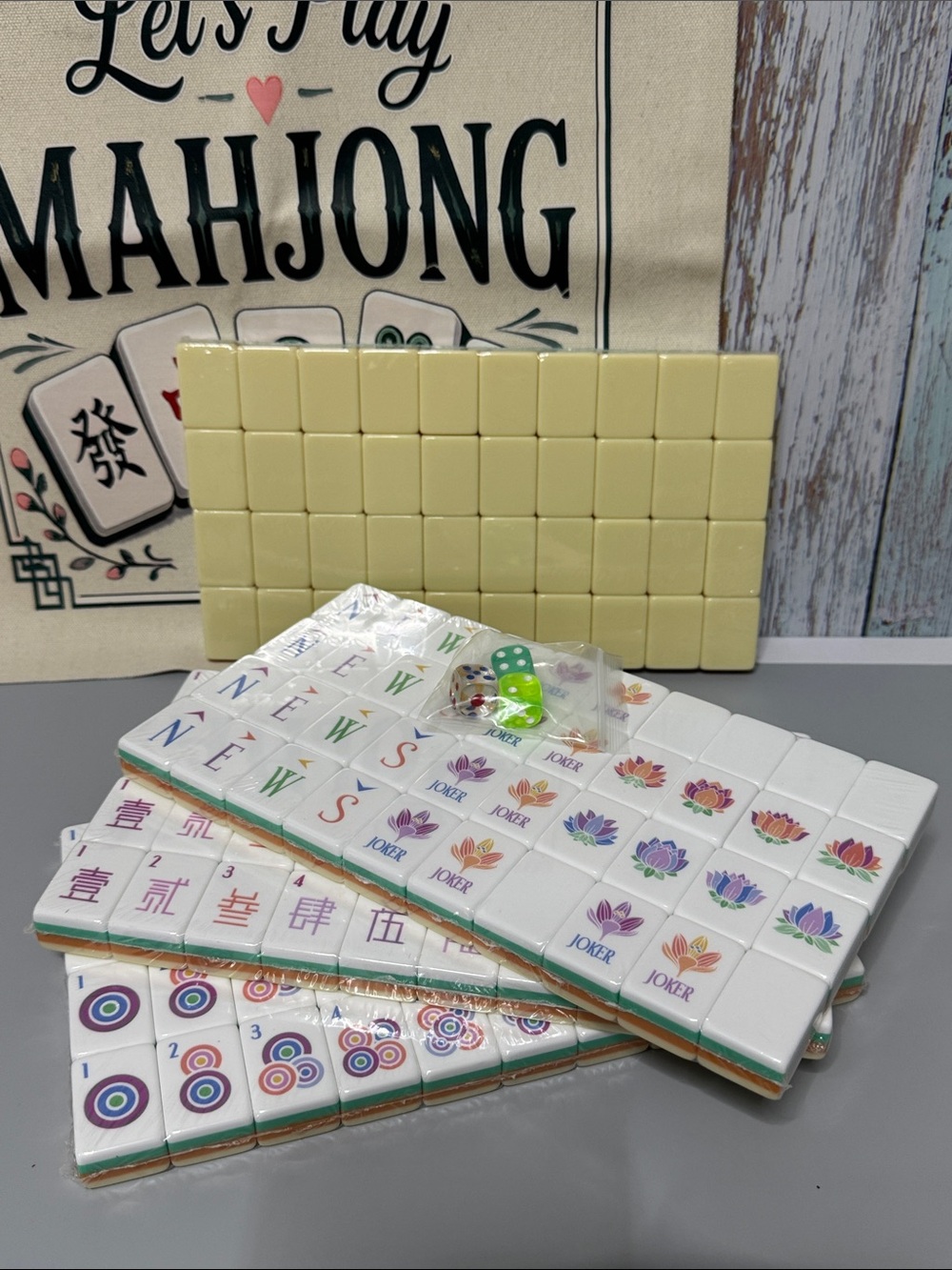 Yellow Mahjong Tiles Game Set + FREE Canvas Storage Bag